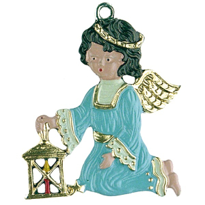 Pewter Ornament Angel kneeling blue