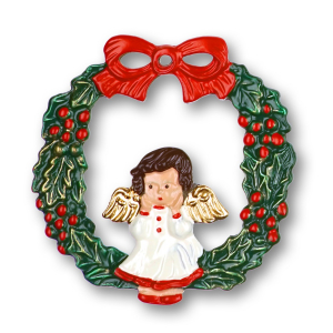 Pewter Ornament Angel in Wreath of Mistletoe