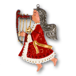 Pewter Ornament Angel with Harp red