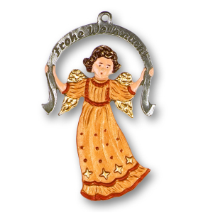 Pewter Ornament Angel "Frohe Weihnacht" red