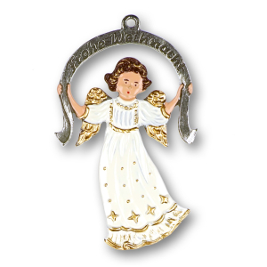 Pewter Ornament Angel "Frohe Weihnacht" white