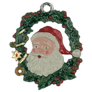 Pewter Ornament Santa Claus in Wreath of Mistletoe