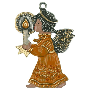 Pewter Ornament Angel with Candle orange