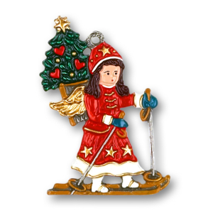 Pewter Ornament Angel on Ski with Fir