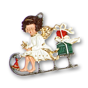 Pewter Ornament Angel on a Sleigh