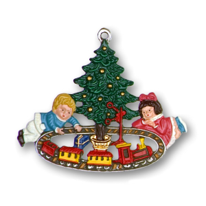 Pewter Ornament Children with Train Set