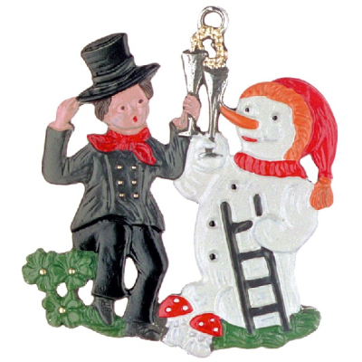 Pewter Ornament Chimney-Sweep with Snowman