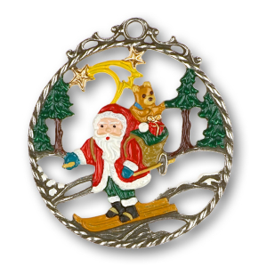 Pewter Ornament Santa Claus on Ski round