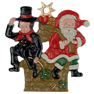 Pewter Ornament Chimney-Sweep and Santa Claus on a Chimney