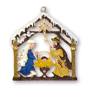 Pewter Ornament Nativity with Snow-Roof