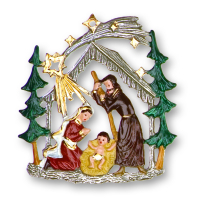 Pewter Ornament Nativity in a wood