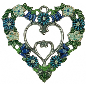 Pewter Ornament Heart with two Hearts inside blue