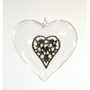 Glass Heart large with Pewter Decor with antique finish