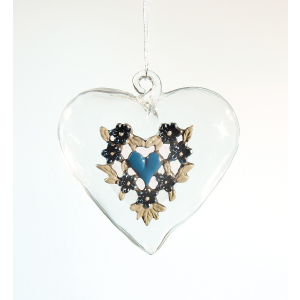 Glass Heart small with Pewter Decor blue