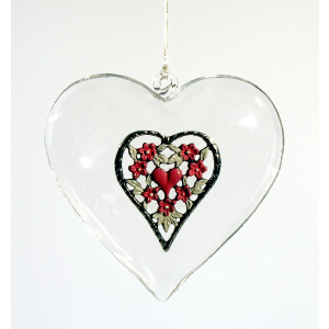 Glass Heart large with Pewter Decor pink