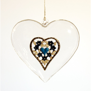 Glass Heart large with Pewter Decor blue