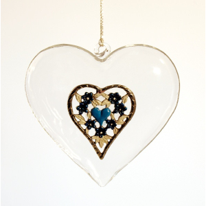 Glass Heart large with Pewter Decor blue