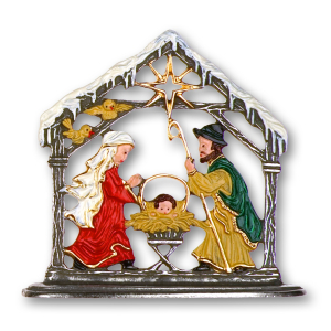 Pewter Ornament Standing Nativity with Snow-Roof