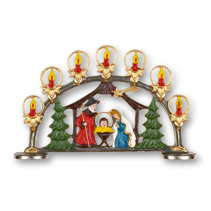 Pewter Ornament Standing Nativity in Bow with Lights
