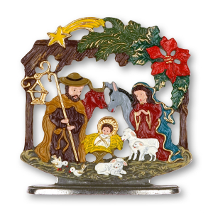 Pewter Ornament Standing Nativity with Fir Branch
