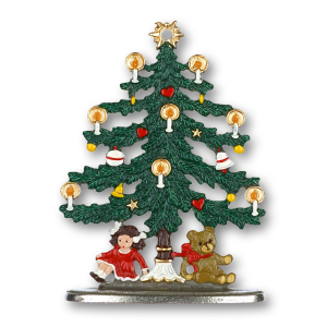 Pewter Ornament Standing Christmas Tree with Doll and Teddy