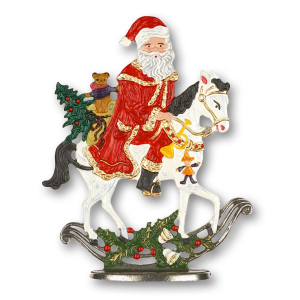 Pewter Ornament Standing Santa Claus on a White Horse