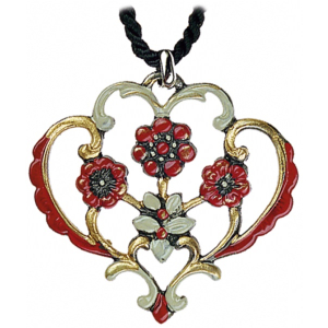 Pewter Necklace Heart with four Flowers red