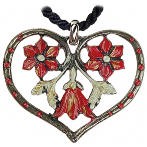 Pewter Necklace Heart with three Flowers red