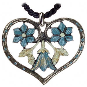 Pewter Necklace Heart with three Flowers blue