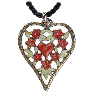 Pewter Necklace Heart with little Heart red