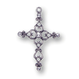 Pewter Ornament Filigree-Cross 5 Stones Crystal with...