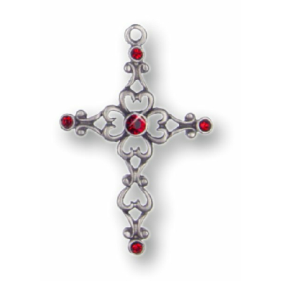 Pewter Ornament Filigree-Cross 5 Stones Red with antique finish