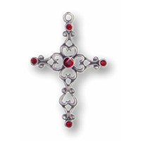 Pewter Ornament Filigree-Cross 5 Stones Red with antique finish