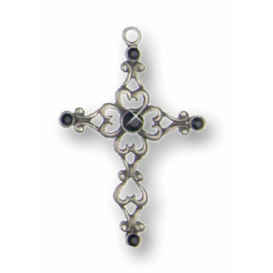 Pewter Ornament Filigree-Cross 5 Stones Black with...