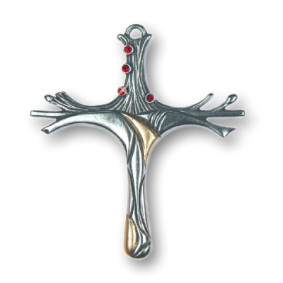 Pewter Ornament Cross Modern 4 Stones Red