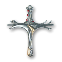 Pewter Ornament Cross Modern 4 Stones Red