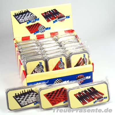 Reisespiel in Dose, Schach, Dame oder Backgammon
