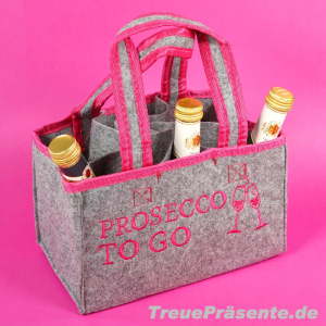 Flaschentasche "Prosecco to Go", Filz grau/pink mit 6 Fächern
