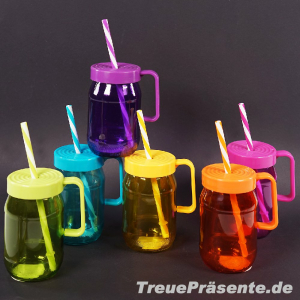 Trinkglas 370 ml mit Strohhalm, farblich sortiert