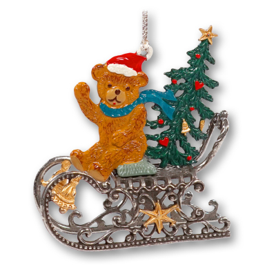 3D Pewter Ornament Bear with Tree on a Sleigh
