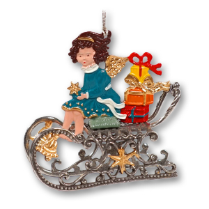 3D Pewter Ornament Angel with Parcels on a Sleigh