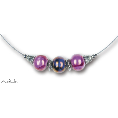 Collier -5101- blau-rosa (3 Keramikperlen), L: 40 cm