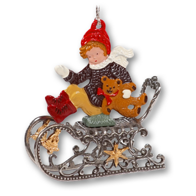 3D Pewter Ornament Boy with Teddy on a Sleigh