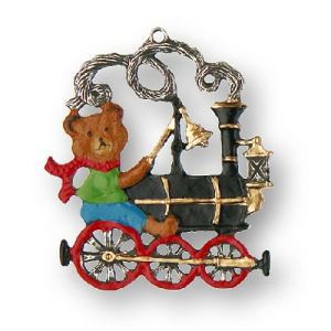 Pewter Ornament Teddy on a Steam locomotive