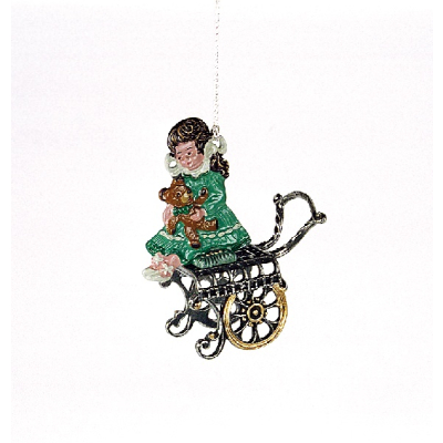 3D Pewter Ornament Girl green on a pram