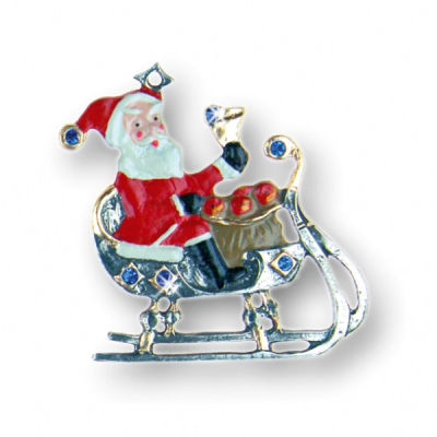 Pewter Ornament Santa Claus with Bell on Sleigh and 12 Stones blue