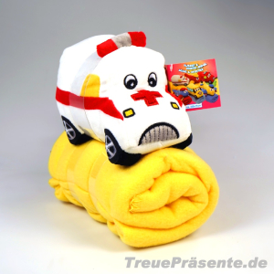 Plüschfahrzeug mit Kuscheldecke, Designs sortiert
