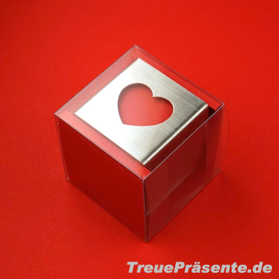 Serviettenring Edelstahl Quadrat mit Ausstanzung Herz in Geschenkverpackung