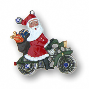 Pewter Ornament Santa Claus on Motorcycle with 6 Stones blue