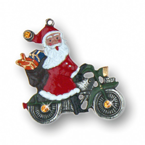 Zinnfigur Weihnachtsmann auf Motorrad mit 6 Steinen gelb